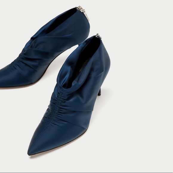 NWT ZARA Blue Gathered Satin High Heel Ankle Boots - Picture 2 of 8